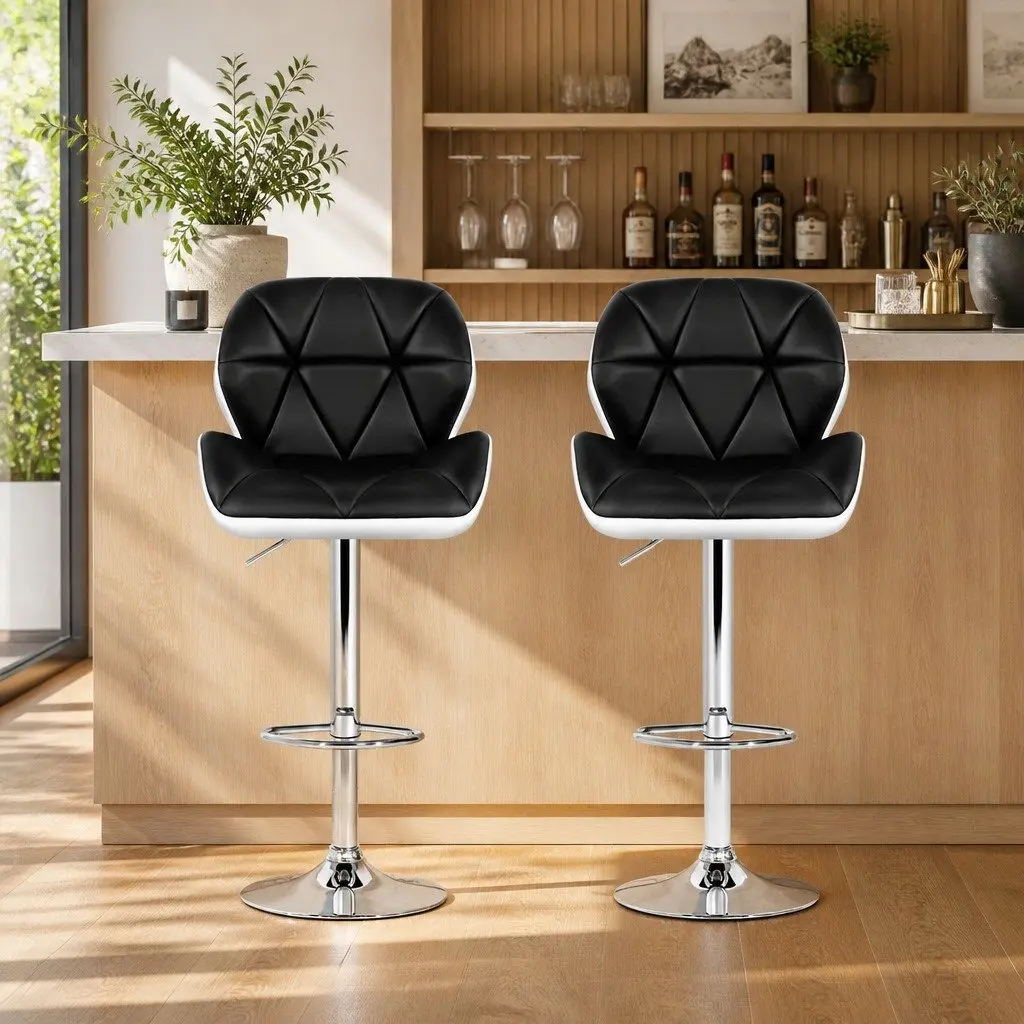 Bar Stools Adjustable Height Gas Lift Padded Seat 360 Swivel Chrome Base Black and White 2 Piece
