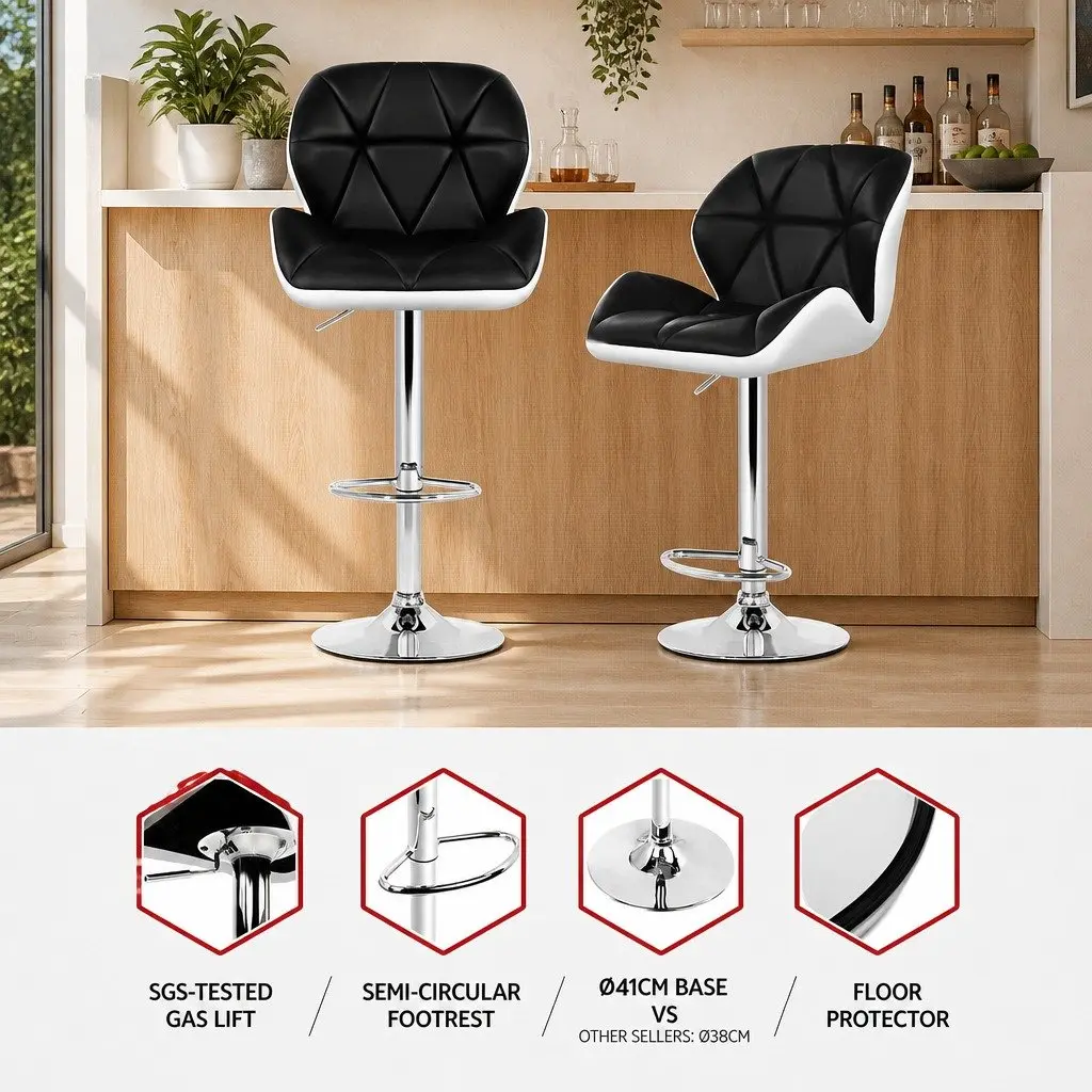 Bar Stools Adjustable Height Gas Lift Padded Seat 360 Swivel Chrome Base Black and White 2 Piece