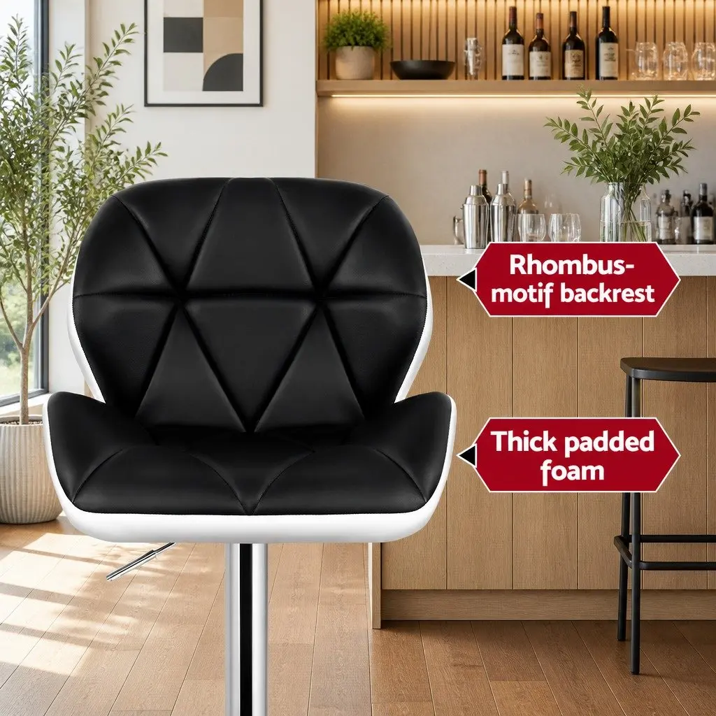 Bar Stools Adjustable Height Gas Lift Padded Seat 360 Swivel Chrome Base Black and White 2 Piece