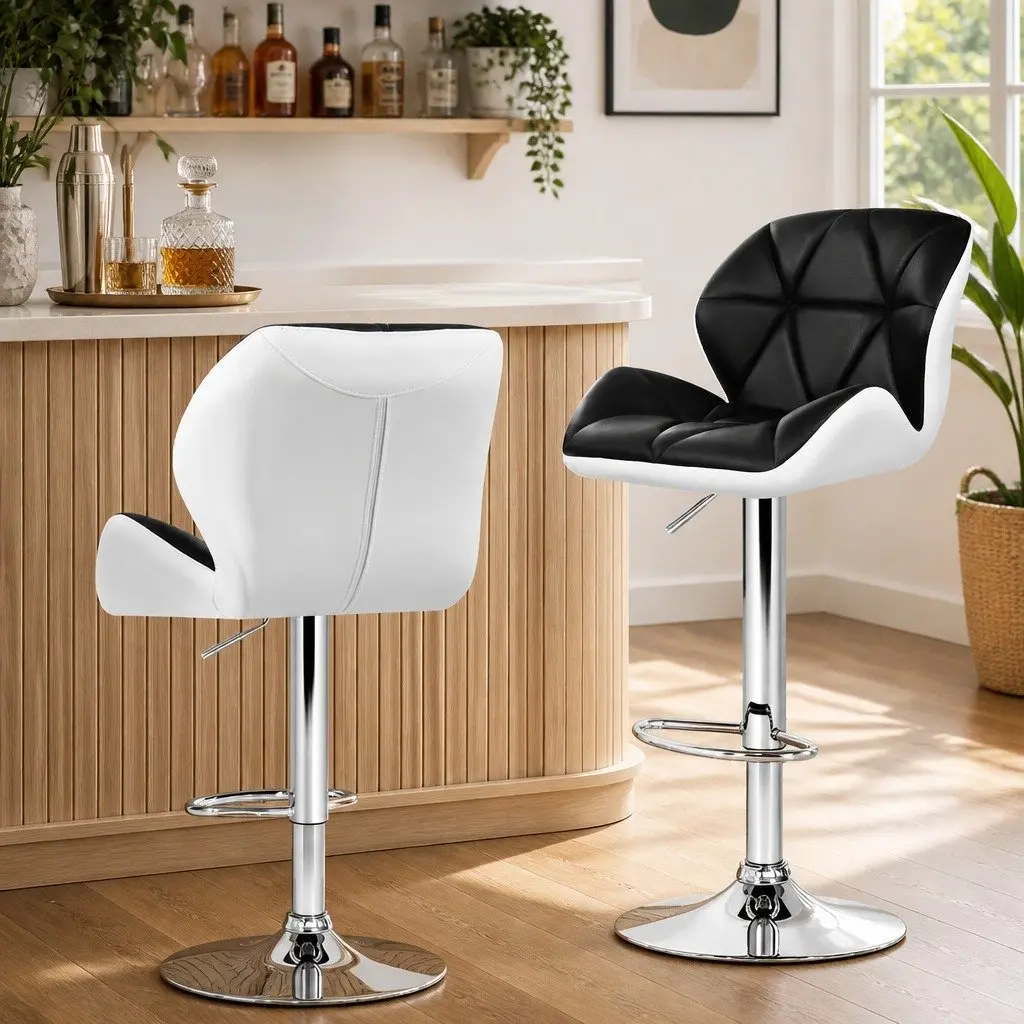 Bar Stools Adjustable Height Gas Lift Padded Seat 360 Swivel Chrome Base Black and White 2 Piece