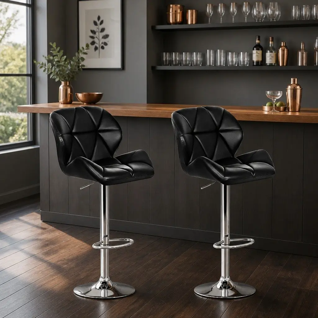 Bar Stools Faux Leather Padded Adjustable Height Chrome Base Black 2 Piece