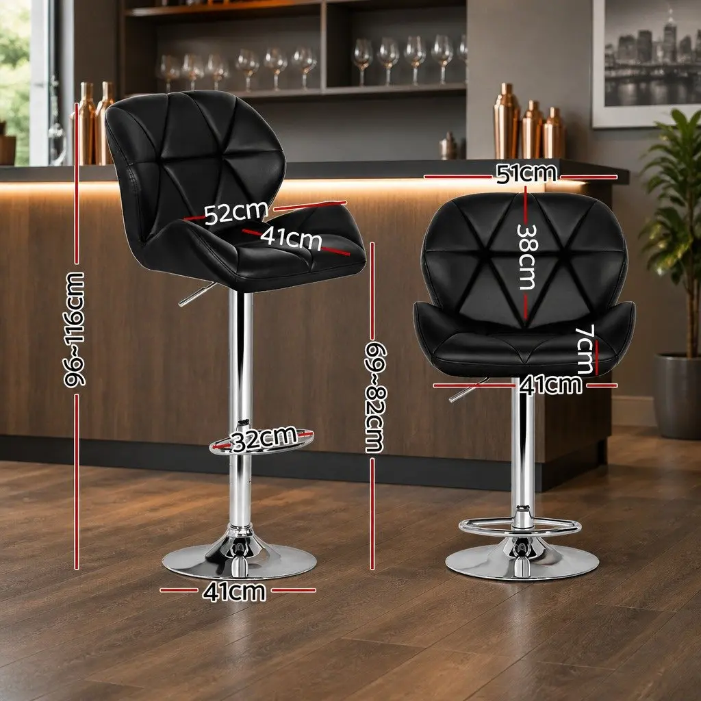 Bar Stools Faux Leather Padded Adjustable Height Chrome Base Black 2 Piece