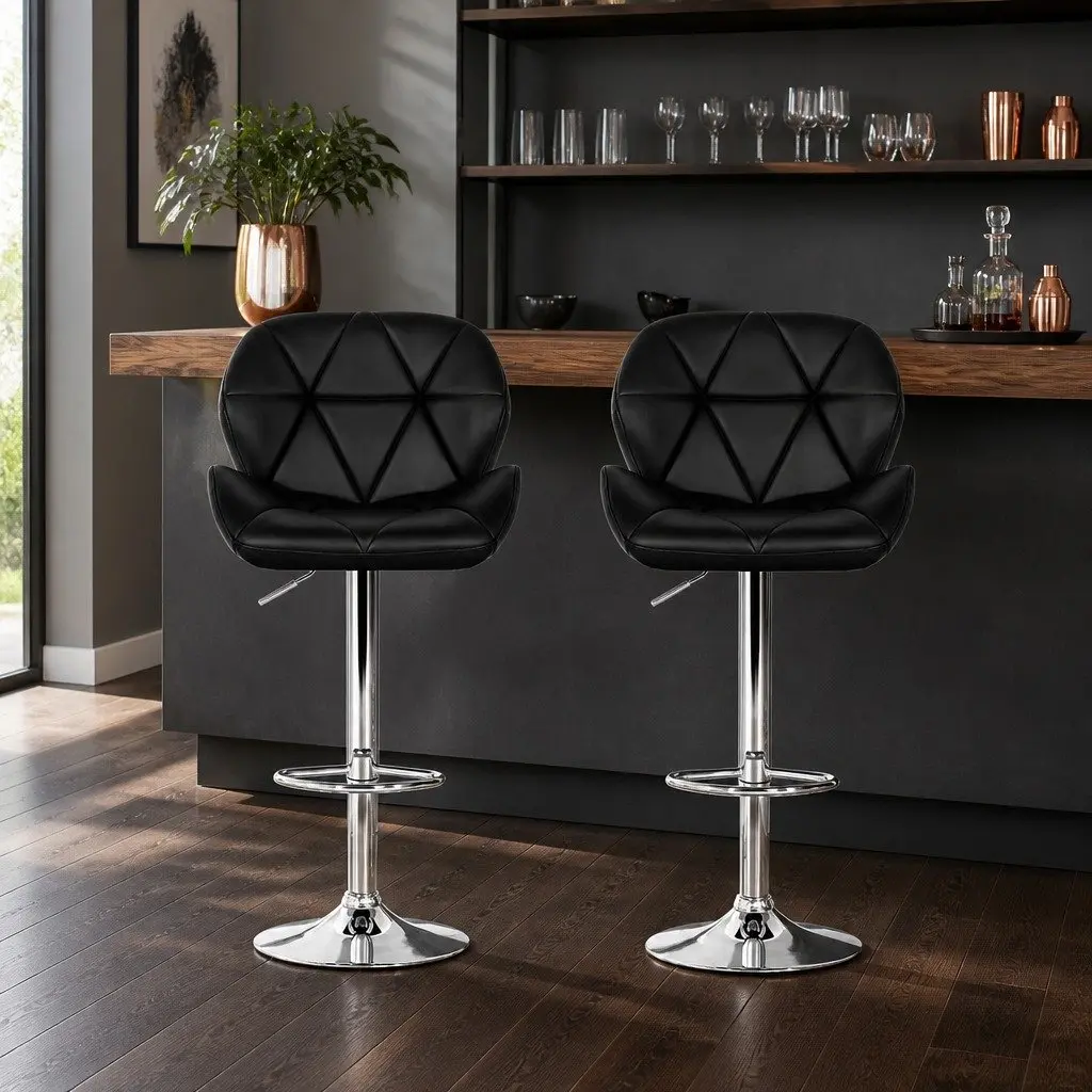 Bar Stools Faux Leather Padded Adjustable Height Chrome Base Black 2 Piece