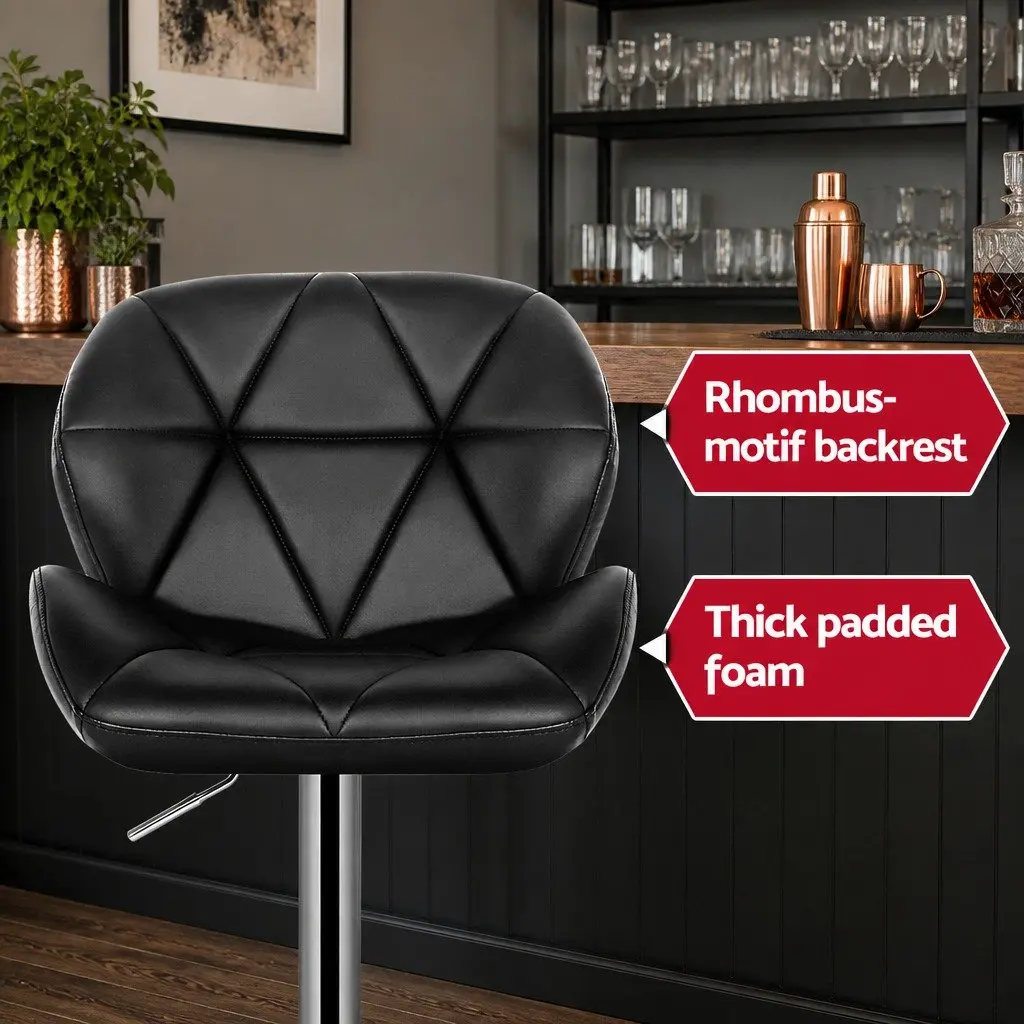 Bar Stools Faux Leather Padded Adjustable Height Chrome Base Black 2 Piece