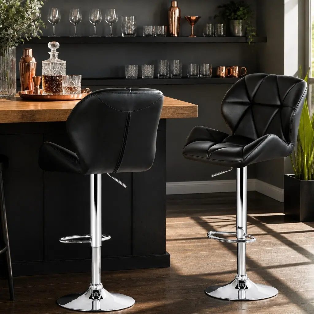 Bar Stools Faux Leather Padded Adjustable Height Chrome Base Black 2 Piece
