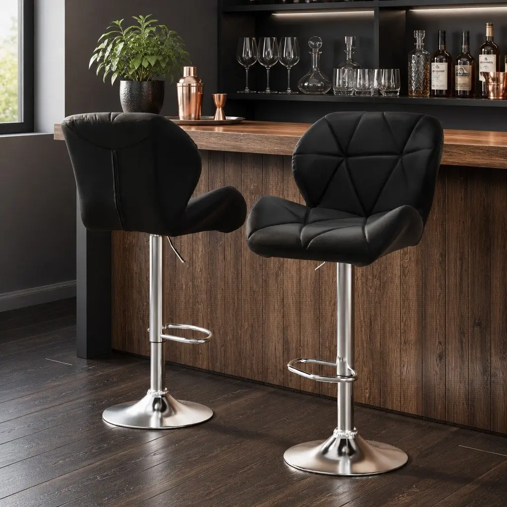 Bar Stools Faux Leather Padded Adjustable Height Chrome Base Black 2 Piece