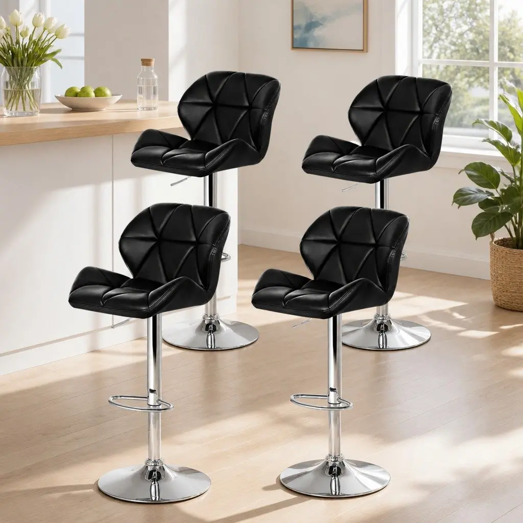Adjustable Height Bar Stools Set of 4 Swivel Padded Black PU Leather