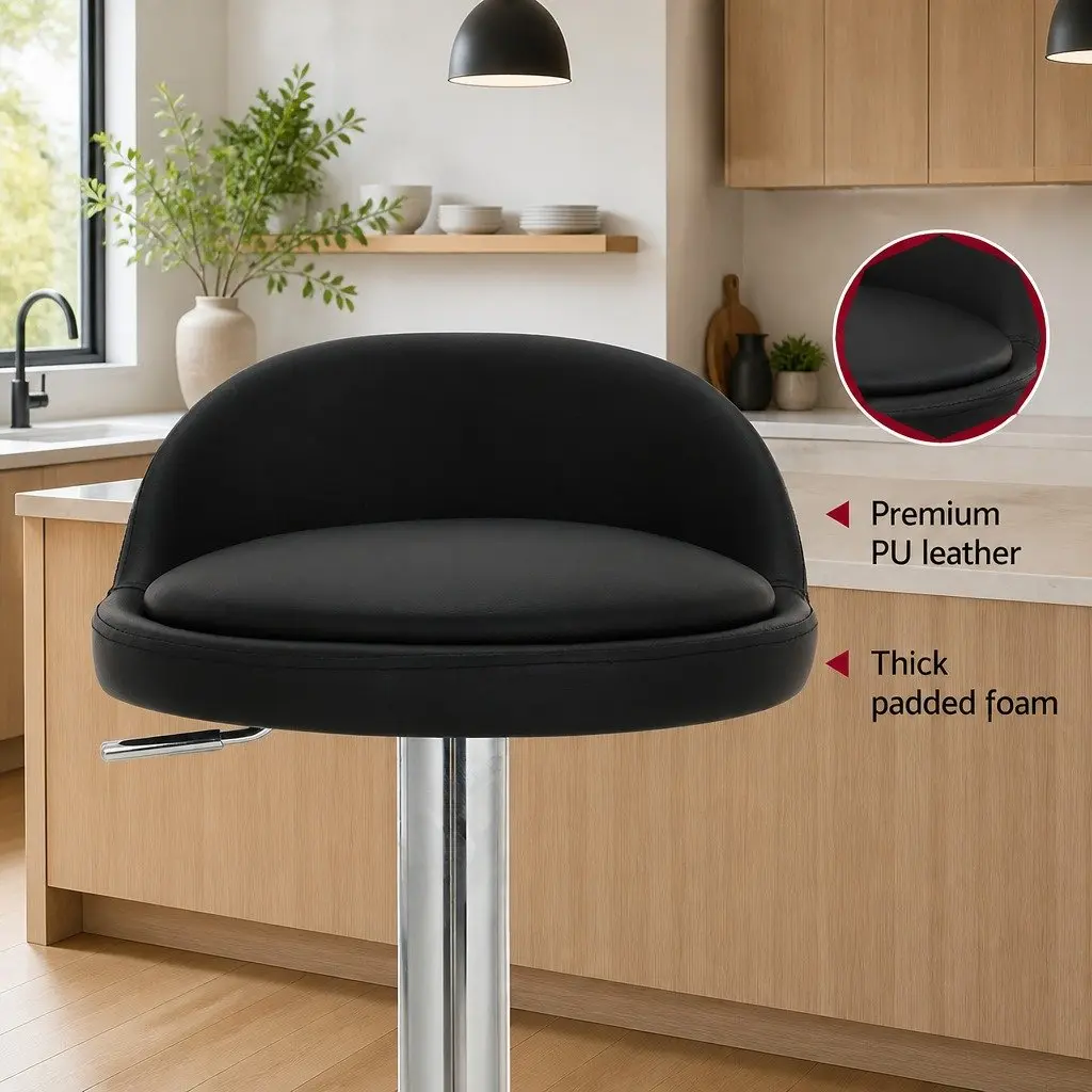 Bar Stools x2 PU Leather Gas Lift Adjustable Height Swivel Chair Kitchen Counter