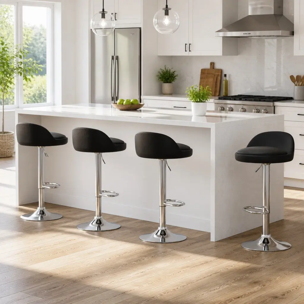 Bar Stools PU Leather Adjustable Height Swivel Kitchen Island 4 Piece Set Black