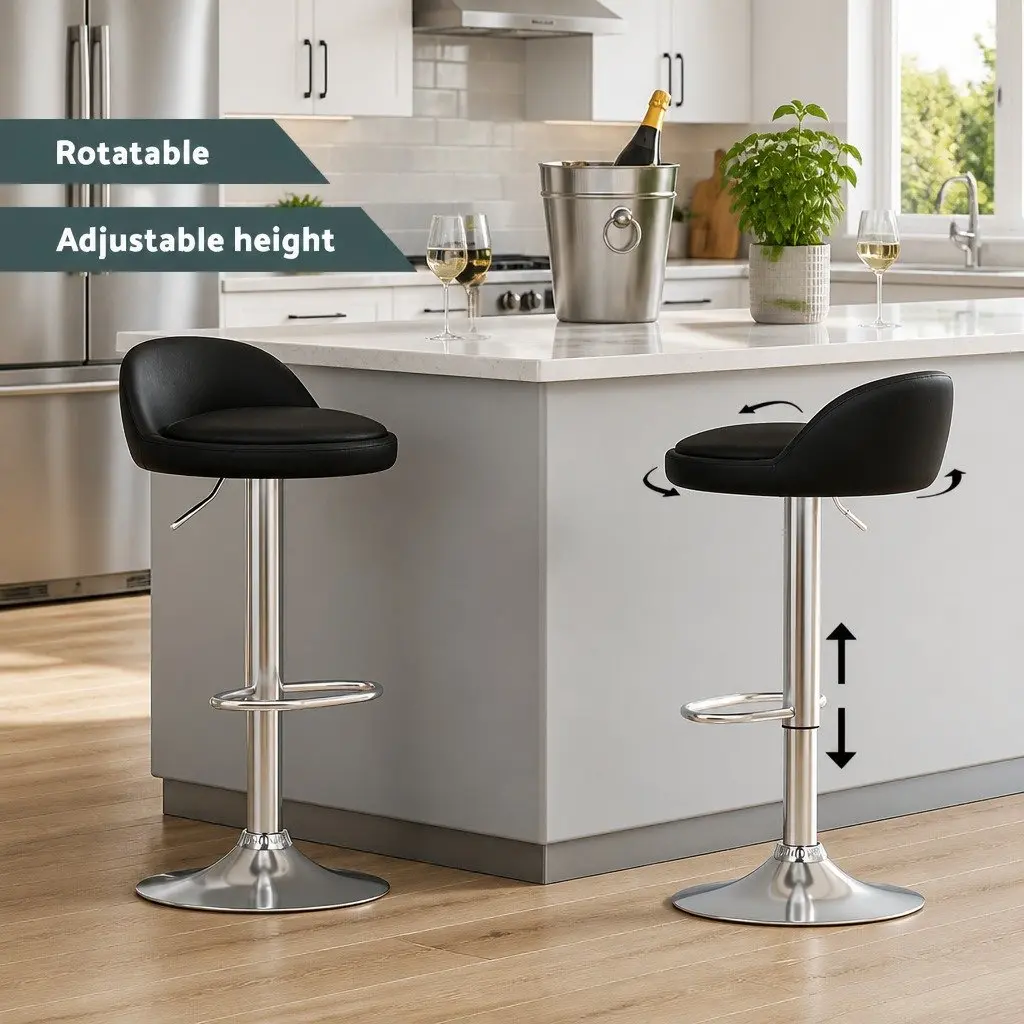 Bar Stools PU Leather Adjustable Height Swivel Kitchen Island 4 Piece Set Black