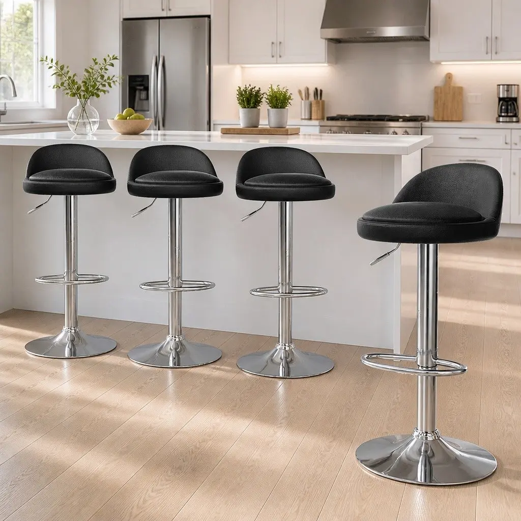 Bar Stools PU Leather Adjustable Height Swivel Kitchen Island 4 Piece Set Black