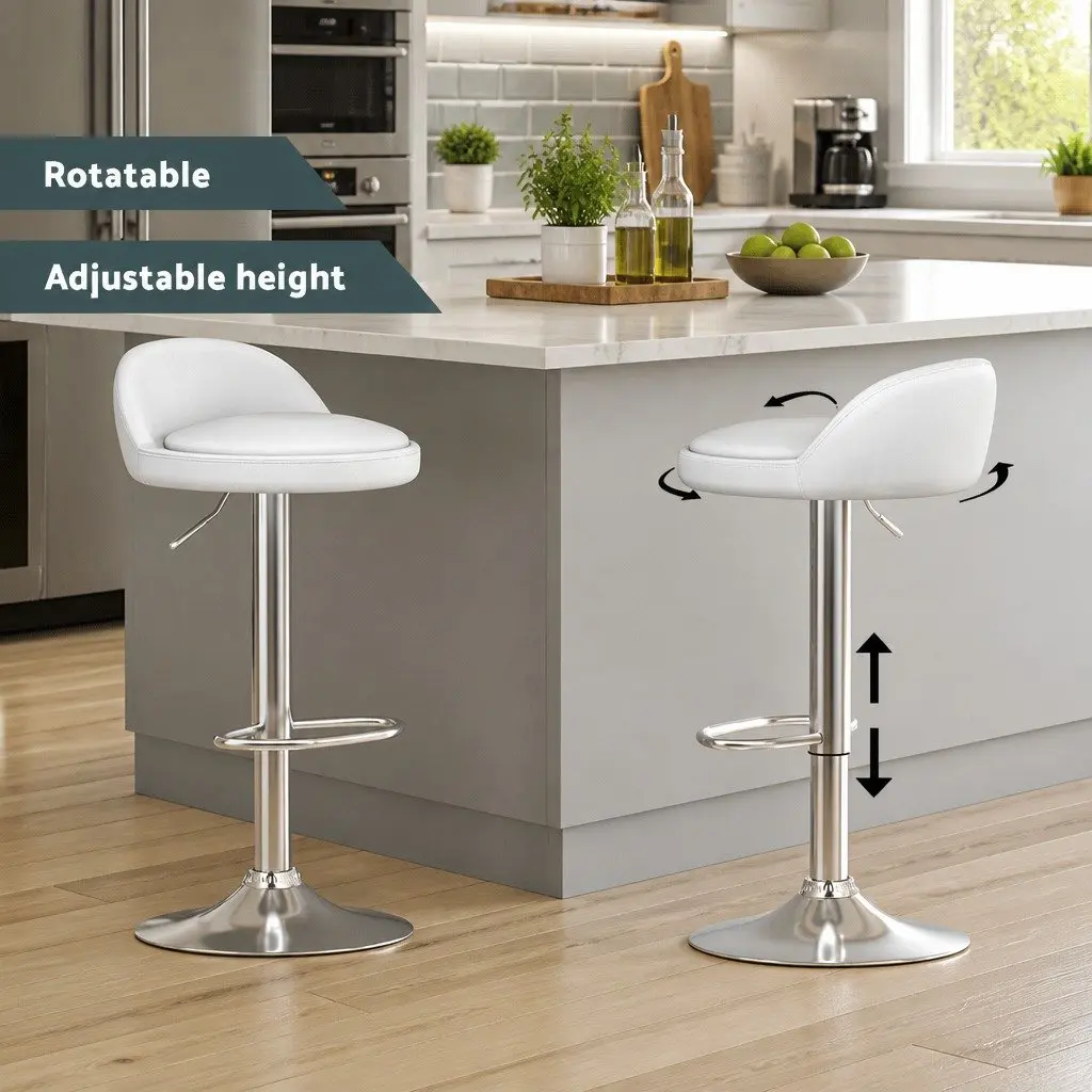 Bar Stools White PU Leather Gas Lift Swivel Adjustable Height Kitchen Counter