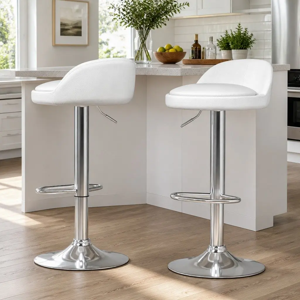 Bar Stools White PU Leather Gas Lift Swivel Adjustable Height Kitchen Counter