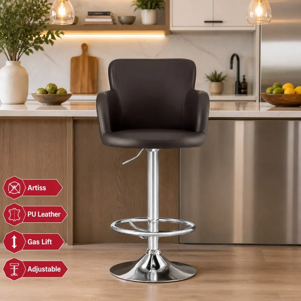 Bar Stools Set of 4 Swivel Kitchen Chairs Gas Lift Adjustable Height Brown