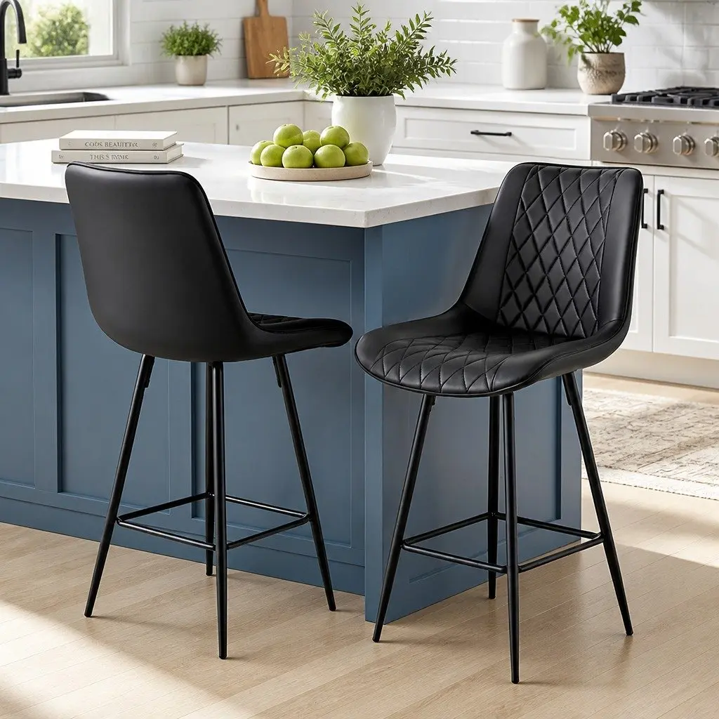 Bar Stools Set of 2 Kitchen Counter Dining Chairs Diamond Design Black PU