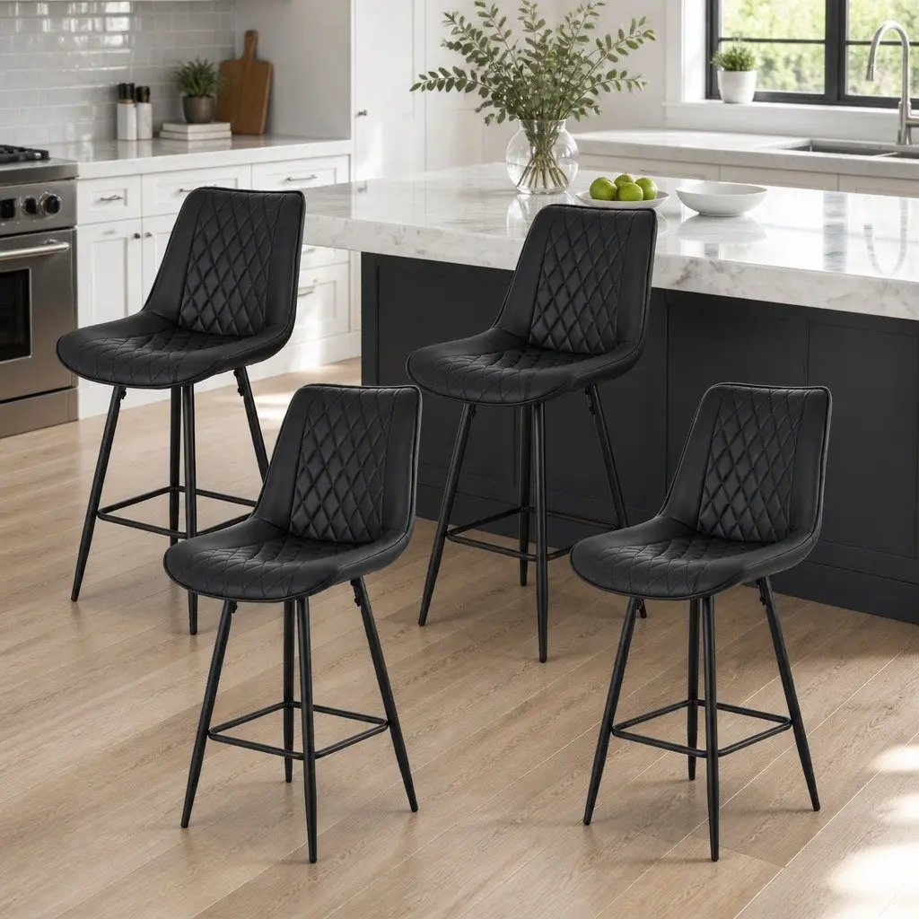 Bar Stools PU Leather Counter Height Black Set of 4 Metal Construction Diamond Pattern