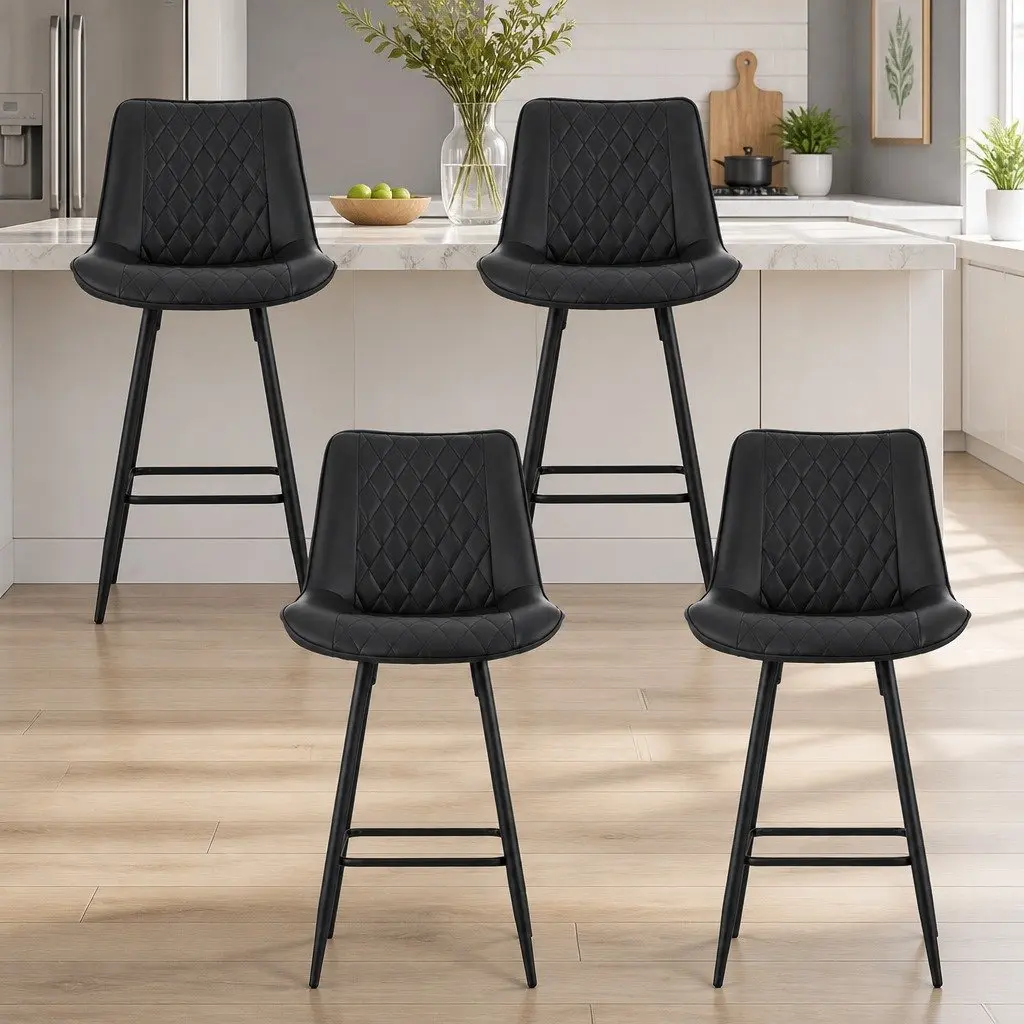 Bar Stools PU Leather Counter Height Black Set of 4 Metal Construction Diamond Pattern