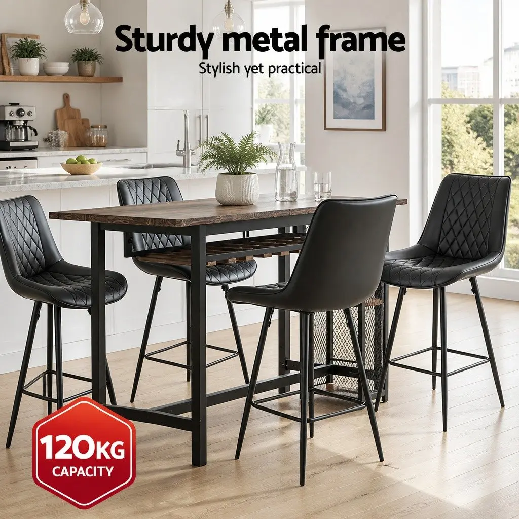 Bar Stools PU Leather Counter Height Black Set of 4 Metal Construction Diamond Pattern