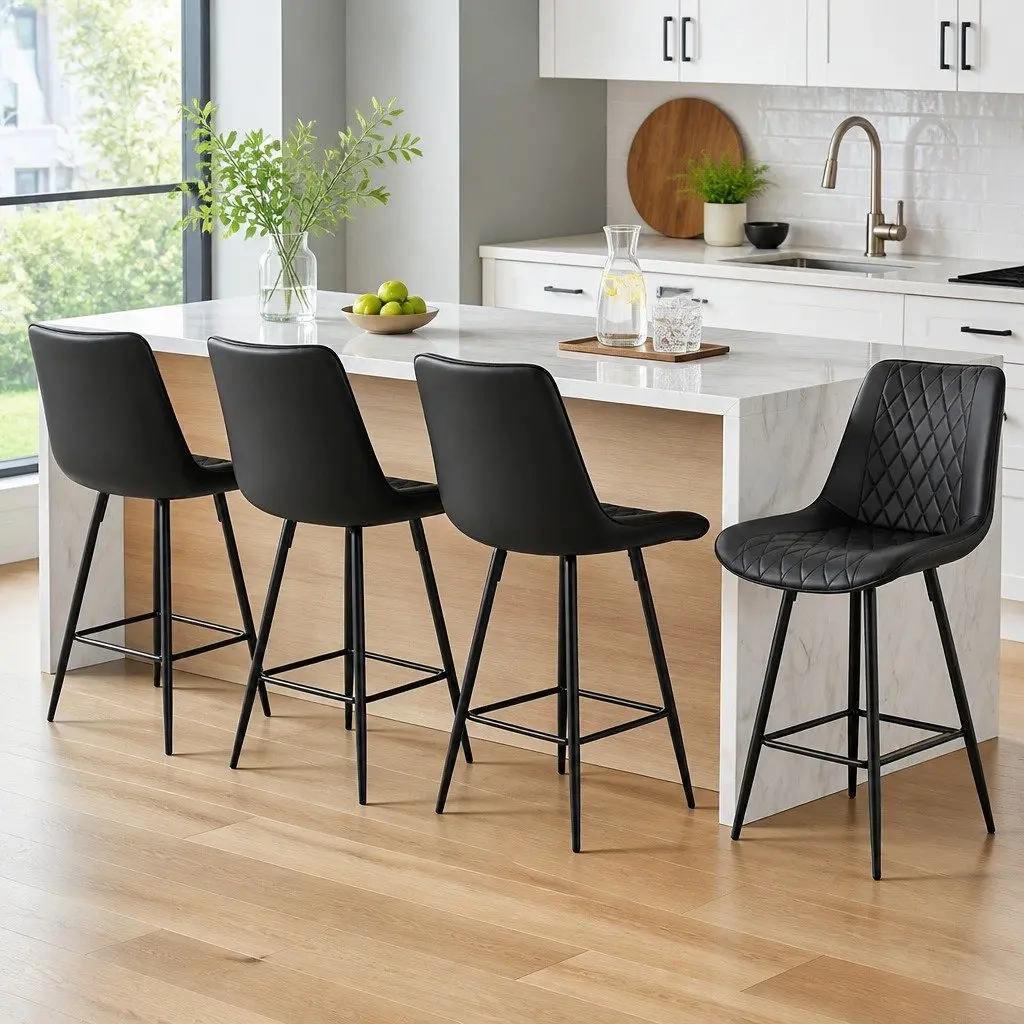 Bar Stools PU Leather Counter Height Black Set of 4 Metal Construction Diamond Pattern