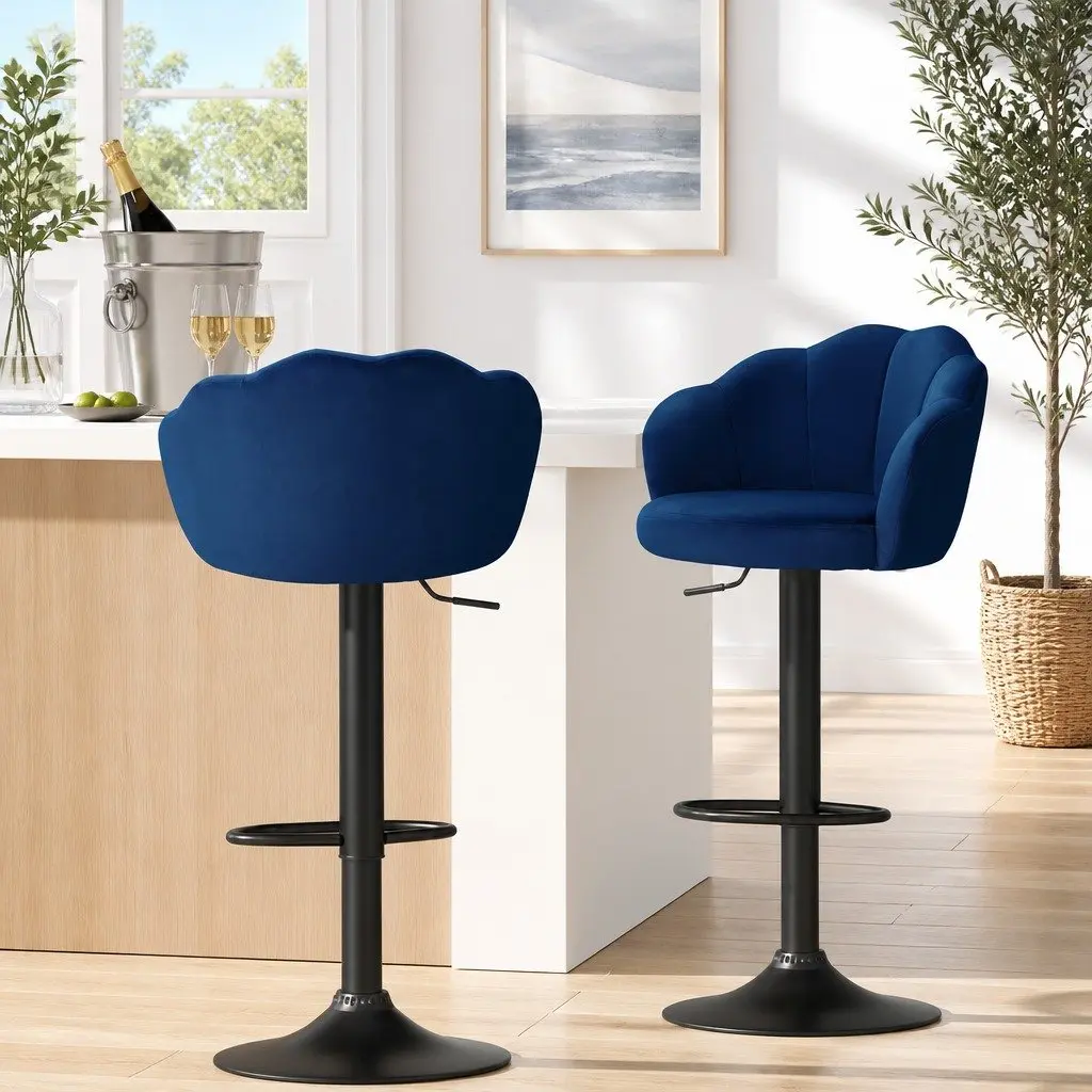 Bar Stools Set of 4 Gas Lift Velvet Blue Clam Shell Design Swivel Kitchen
