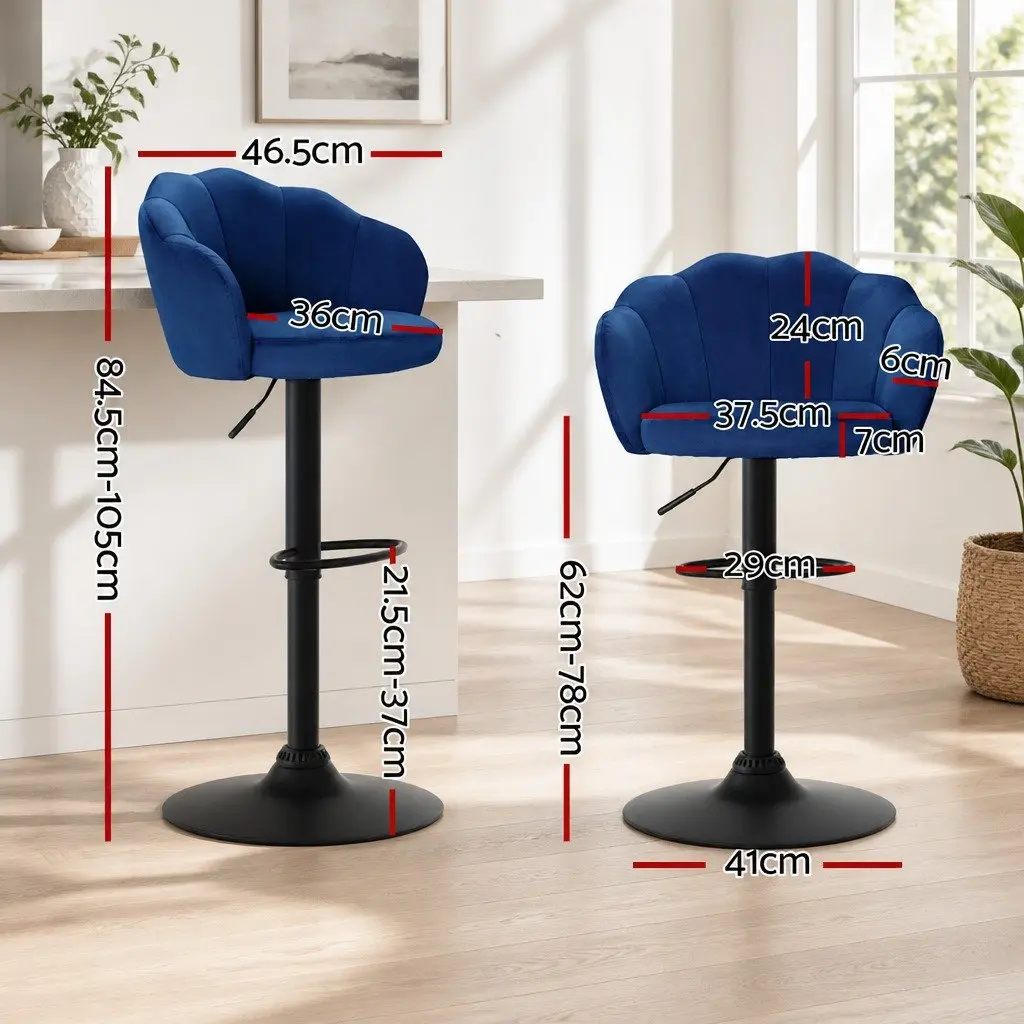 Bar Stools Set of 4 Gas Lift Velvet Blue Clam Shell Design Swivel Kitchen