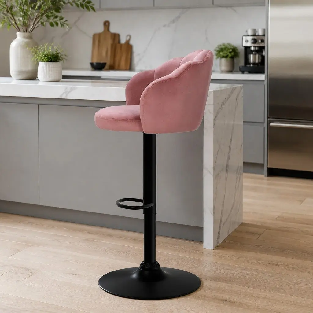 Bar Stools Gas Lift Velvet Pink Clam Shell Design Swivel Adjustable Height Set
