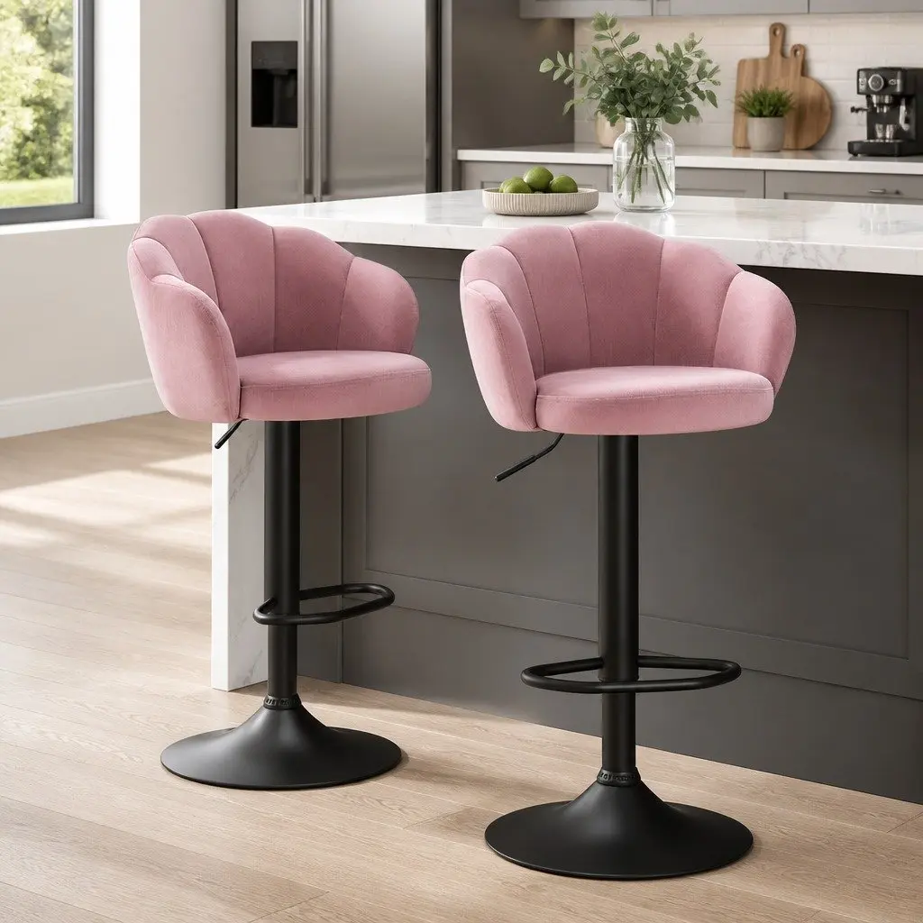 Bar Stools Gas Lift Velvet Pink Clam Shell Design Swivel Adjustable Height Set