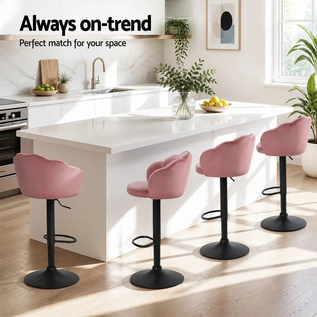 Bar Stools Velvet Adjustable Height Pink 4 Pack Swivel Kitchen Counter Seating