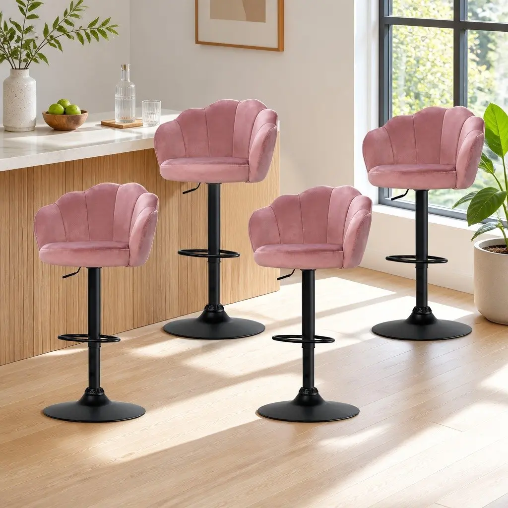 Bar Stools Velvet Adjustable Height Pink 4 Pack Swivel Kitchen Counter Seating