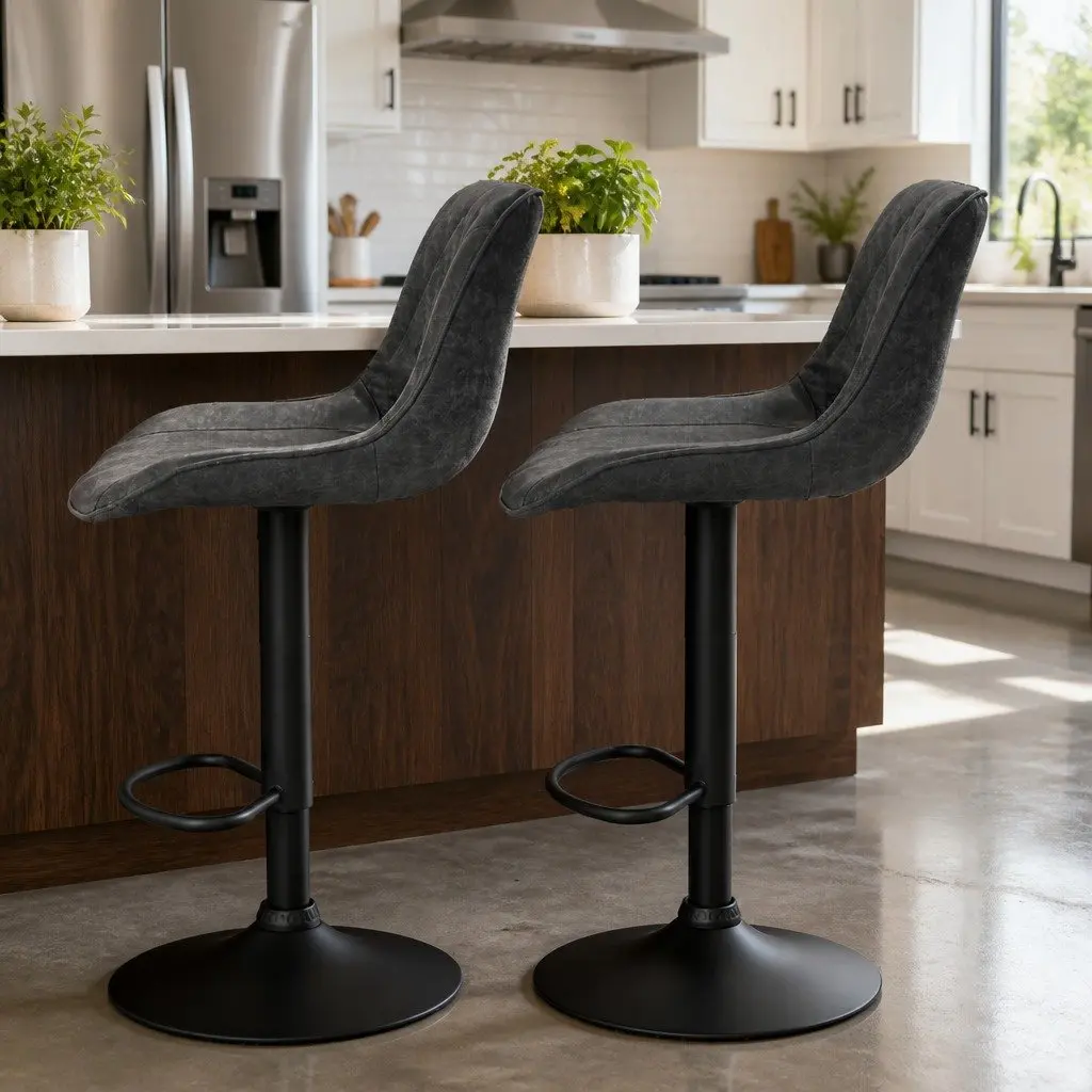 Bar Stools Adjustable Height PU Leather Seat Black 2 Piece