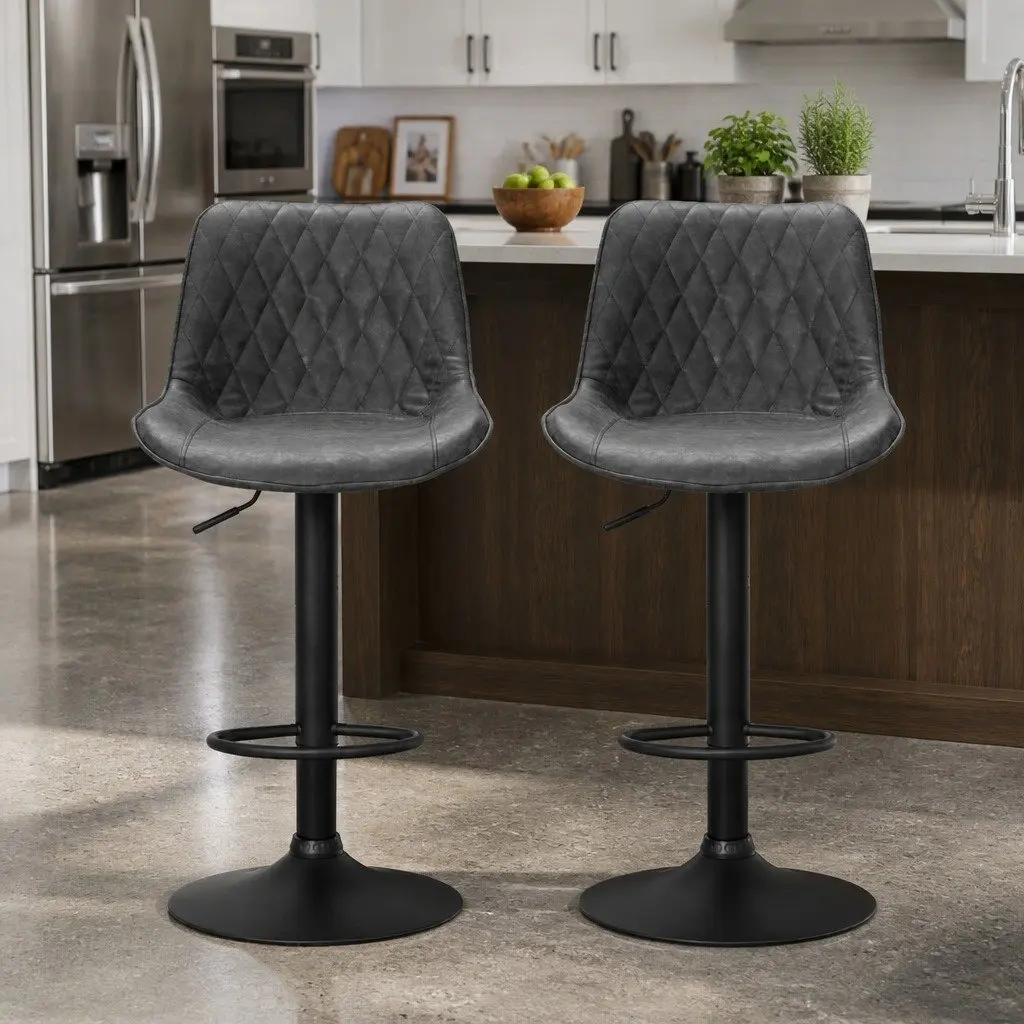 Bar Stools Adjustable Height PU Leather Seat Black 2 Piece