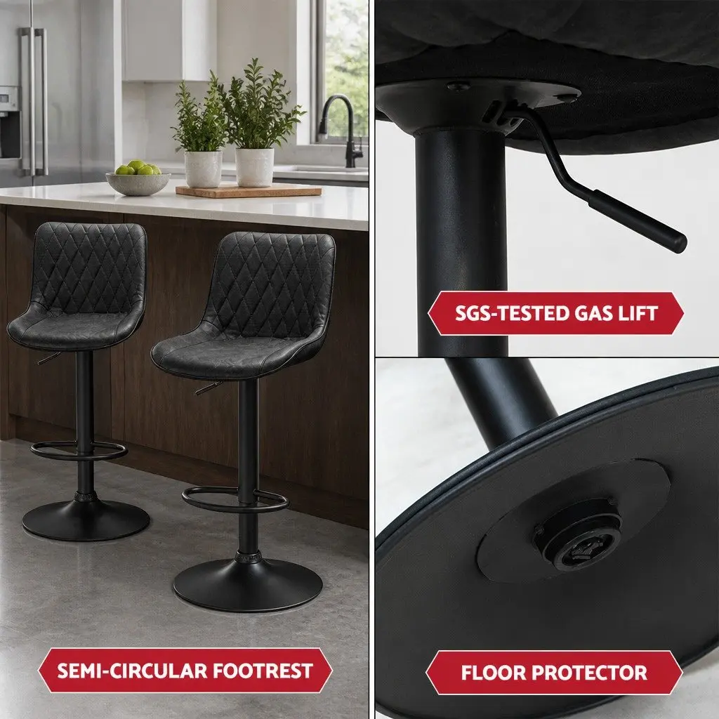 Bar Stools Adjustable Height PU Leather Seat Black 2 Piece