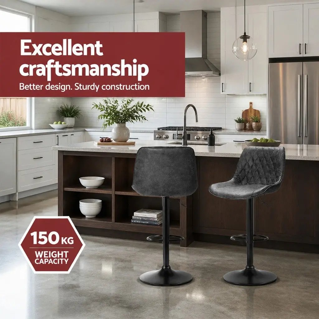Bar Stools Adjustable Height PU Leather Seat Black 2 Piece