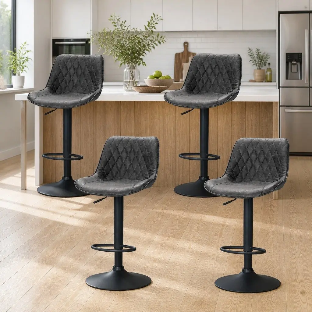 Bar Stools Vintage Leather Adjustable Height Swivel Black Set of 4