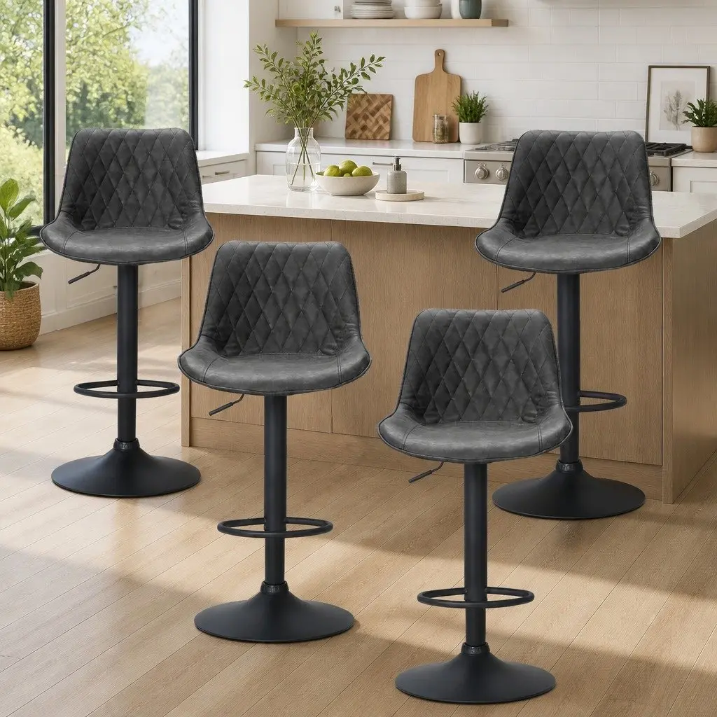 Bar Stools Vintage Leather Adjustable Height Swivel Black Set of 4