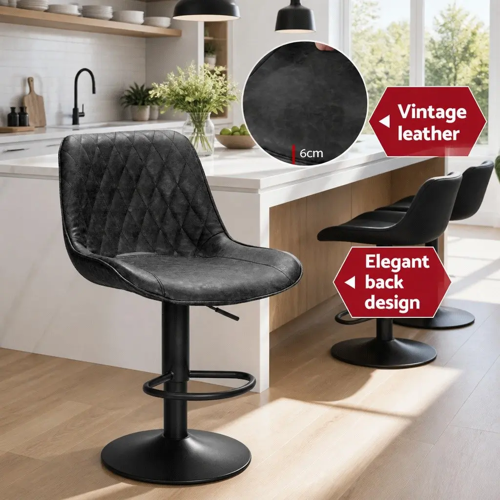 Bar Stools Vintage Leather Adjustable Height Swivel Black Set of 4