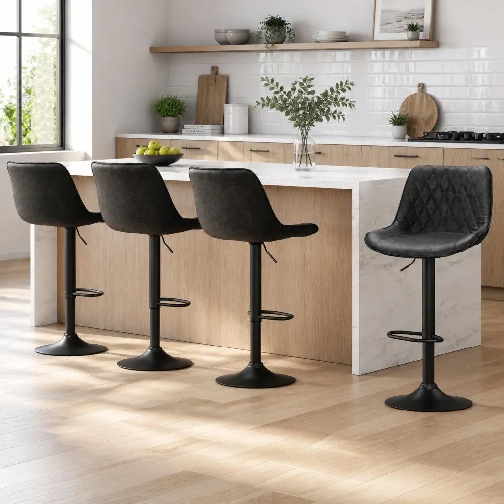 Bar Stools Vintage Leather Adjustable Height Swivel Black Set of 4