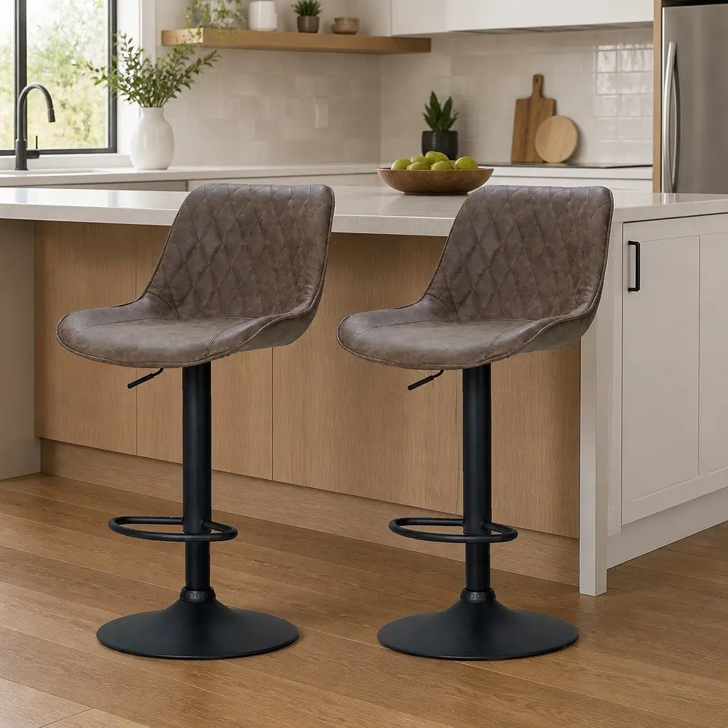 Bar Stools PU Leather Steel Frame Adjustable Height Swivel Seat Vintage Brown