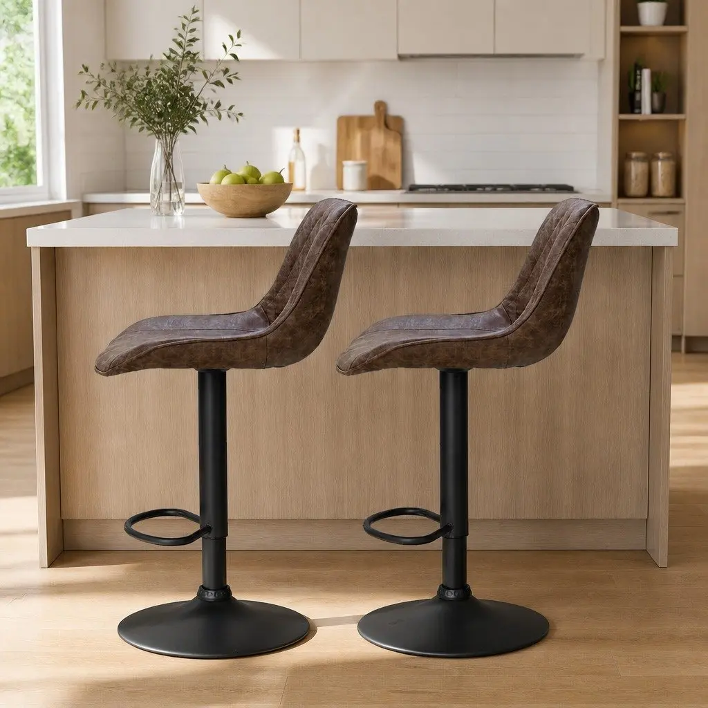 Bar Stools PU Leather Steel Frame Adjustable Height Swivel Seat Vintage Brown