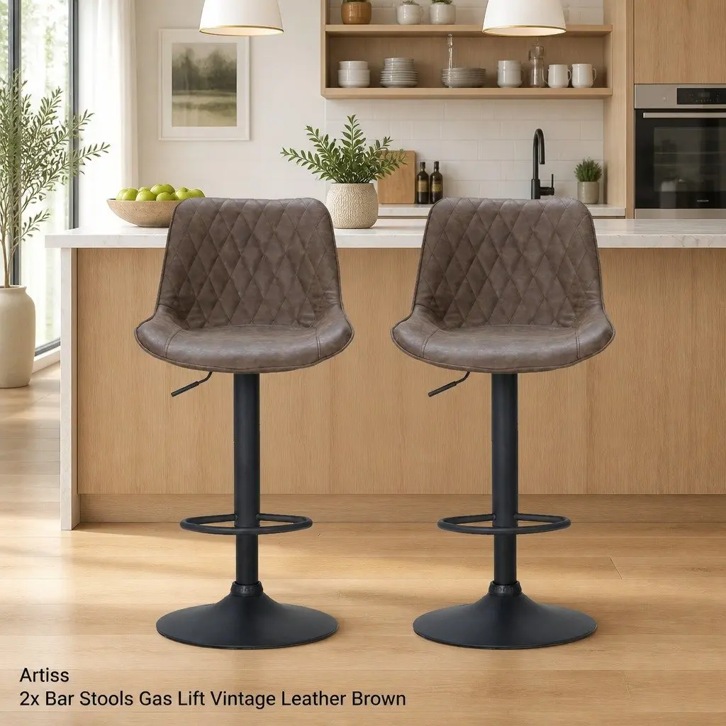 Bar Stools PU Leather Steel Frame Adjustable Height Swivel Seat Vintage Brown