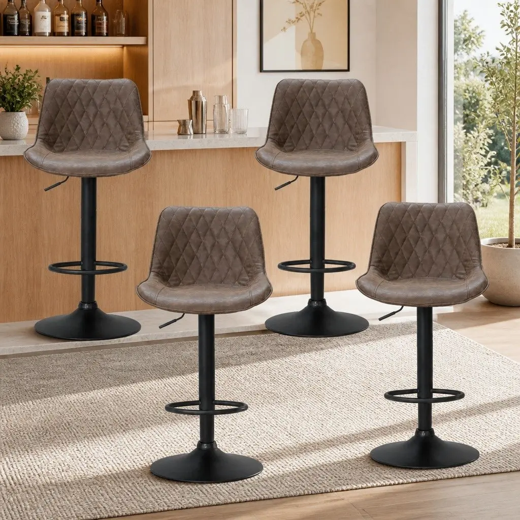 Bar Stools Gas Lift Vintage Brown Set of 4 Swivel Height Adjustable Leather Seat