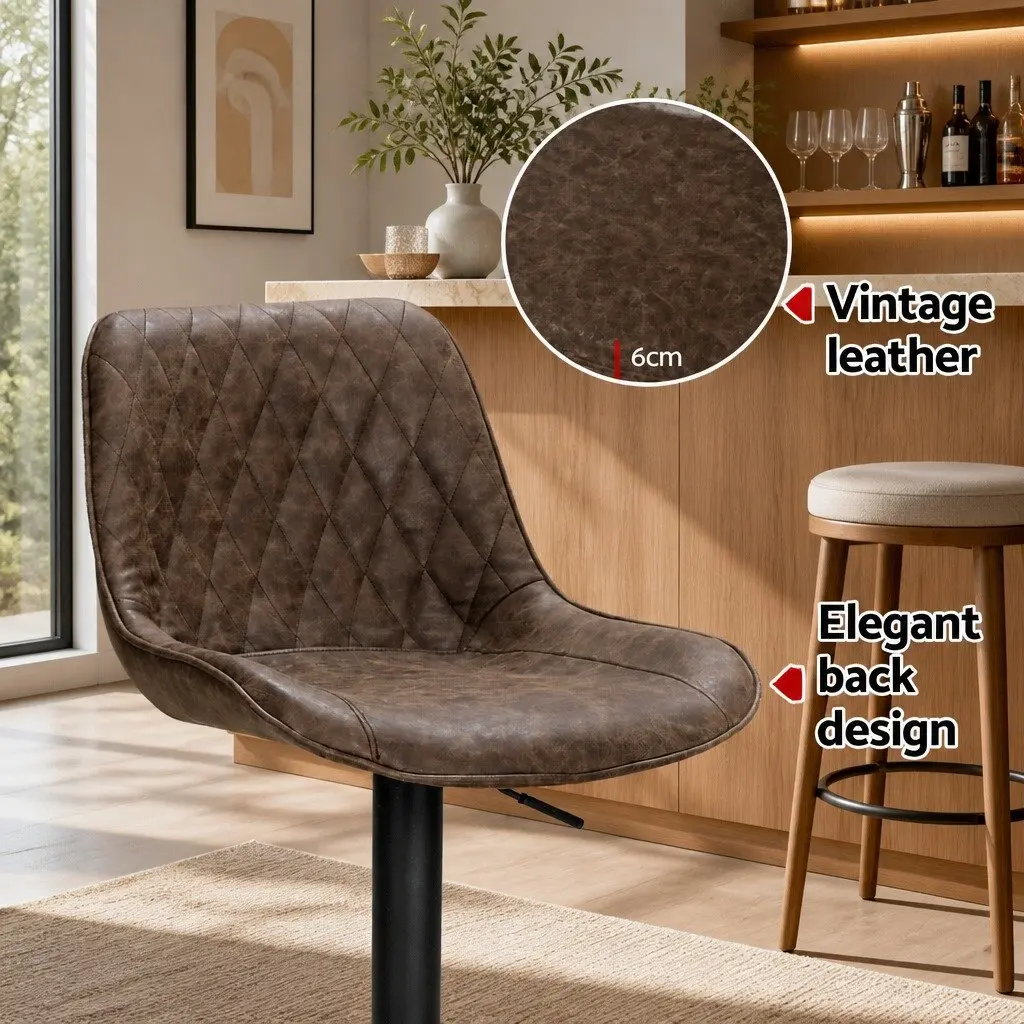 Bar Stools Gas Lift Vintage Brown Set of 4 Swivel Height Adjustable Leather Seat