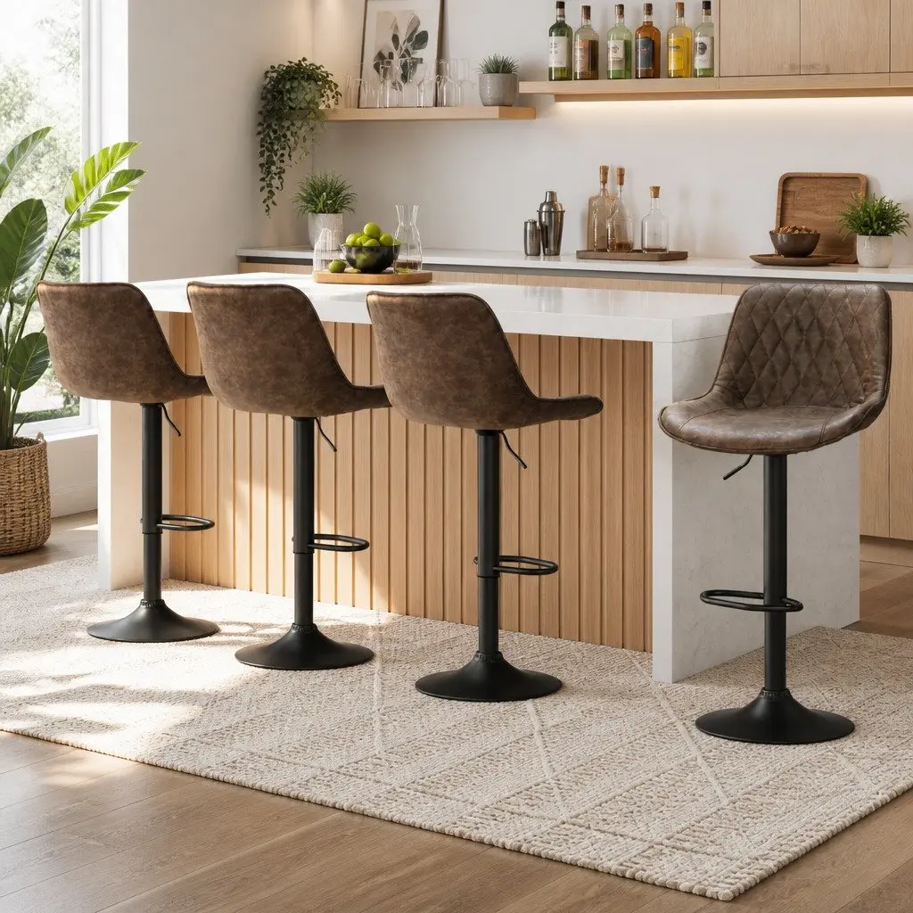 Bar Stools Gas Lift Vintage Brown Set of 4 Swivel Height Adjustable Leather Seat