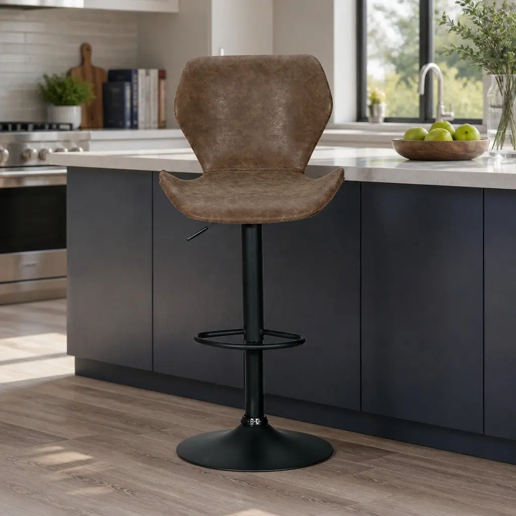 Bar Stools Kitchen Counter Swivel Gas Lift Vintage Brown Chairs x2 Adjustable
