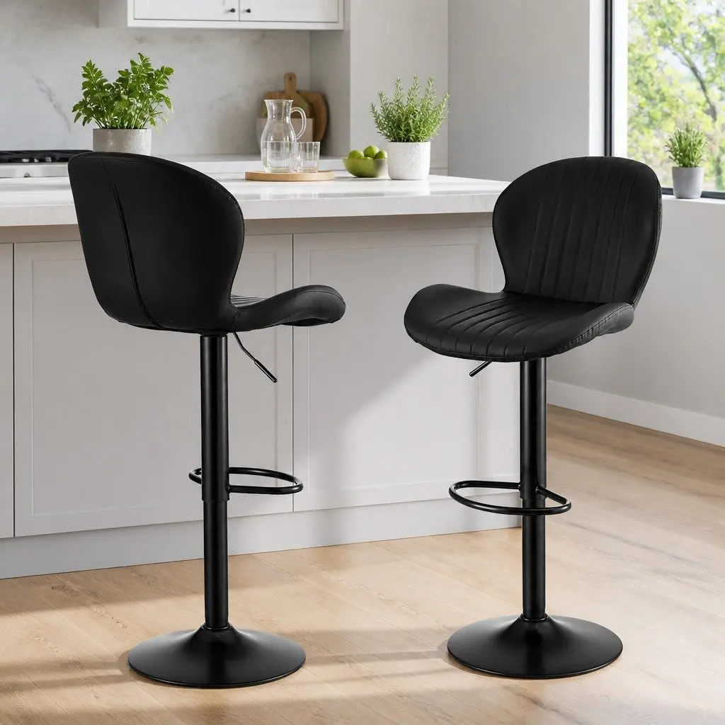 Bar Stools PU Leather Adjustable Height Set of 2 Black