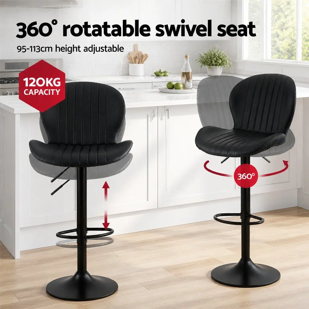 Bar Stools PU Leather Adjustable Height Set of 2 Black
