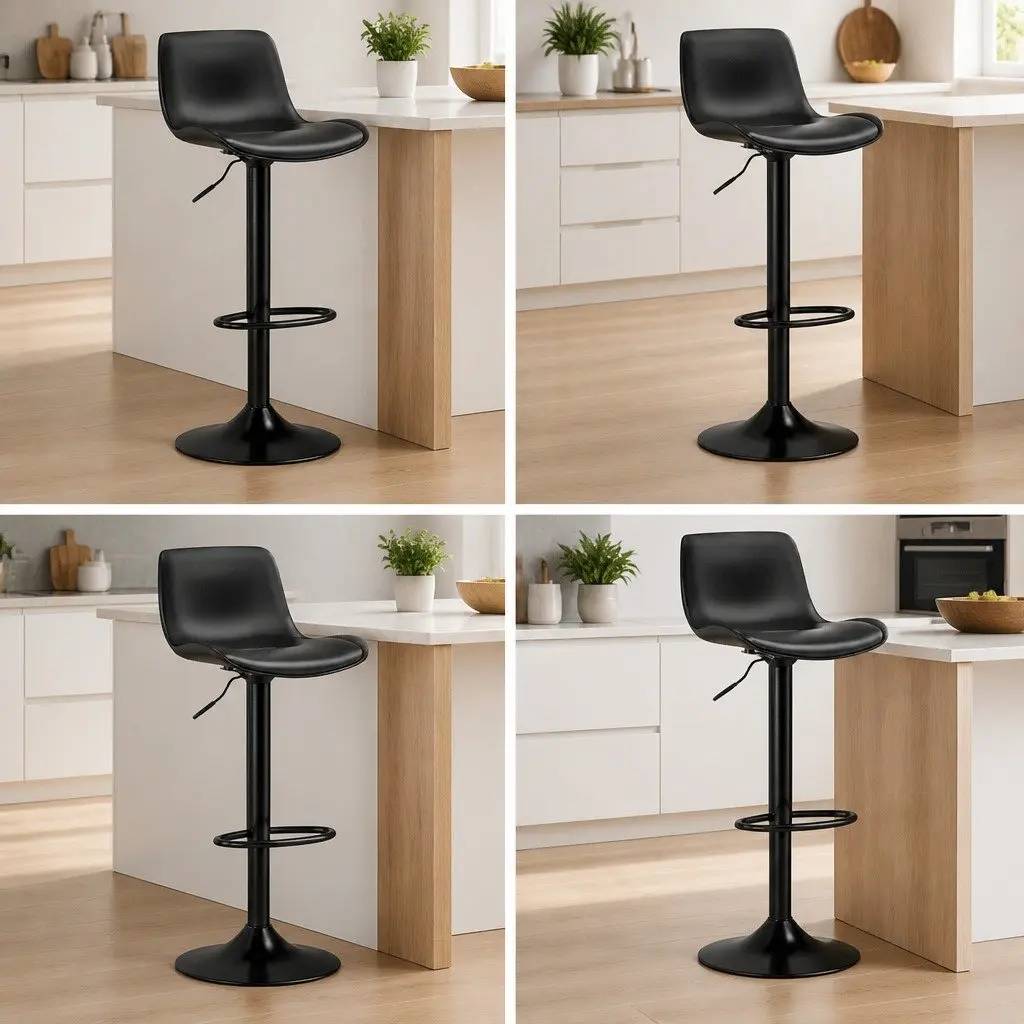 Black Bar Stools Gas Lift Swivel Padded Seat Set of 4 Adjustable Height Dining Chairs