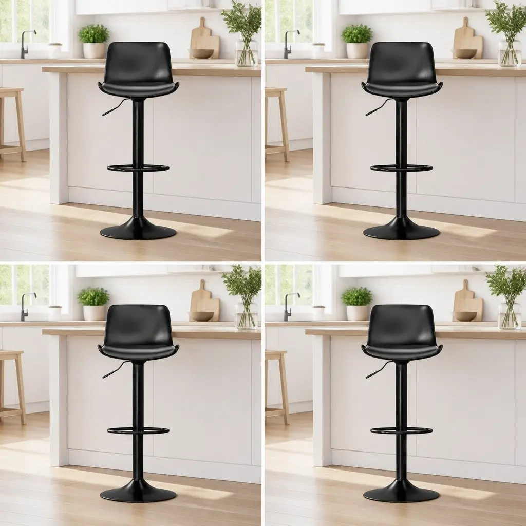 Black Bar Stools Gas Lift Swivel Padded Seat Set of 4 Adjustable Height Dining Chairs