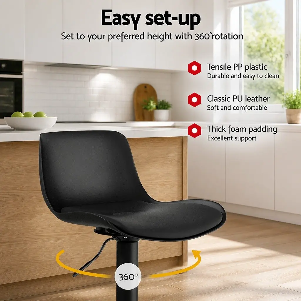 Black Bar Stools Gas Lift Swivel Padded Seat Set of 4 Adjustable Height Dining Chairs