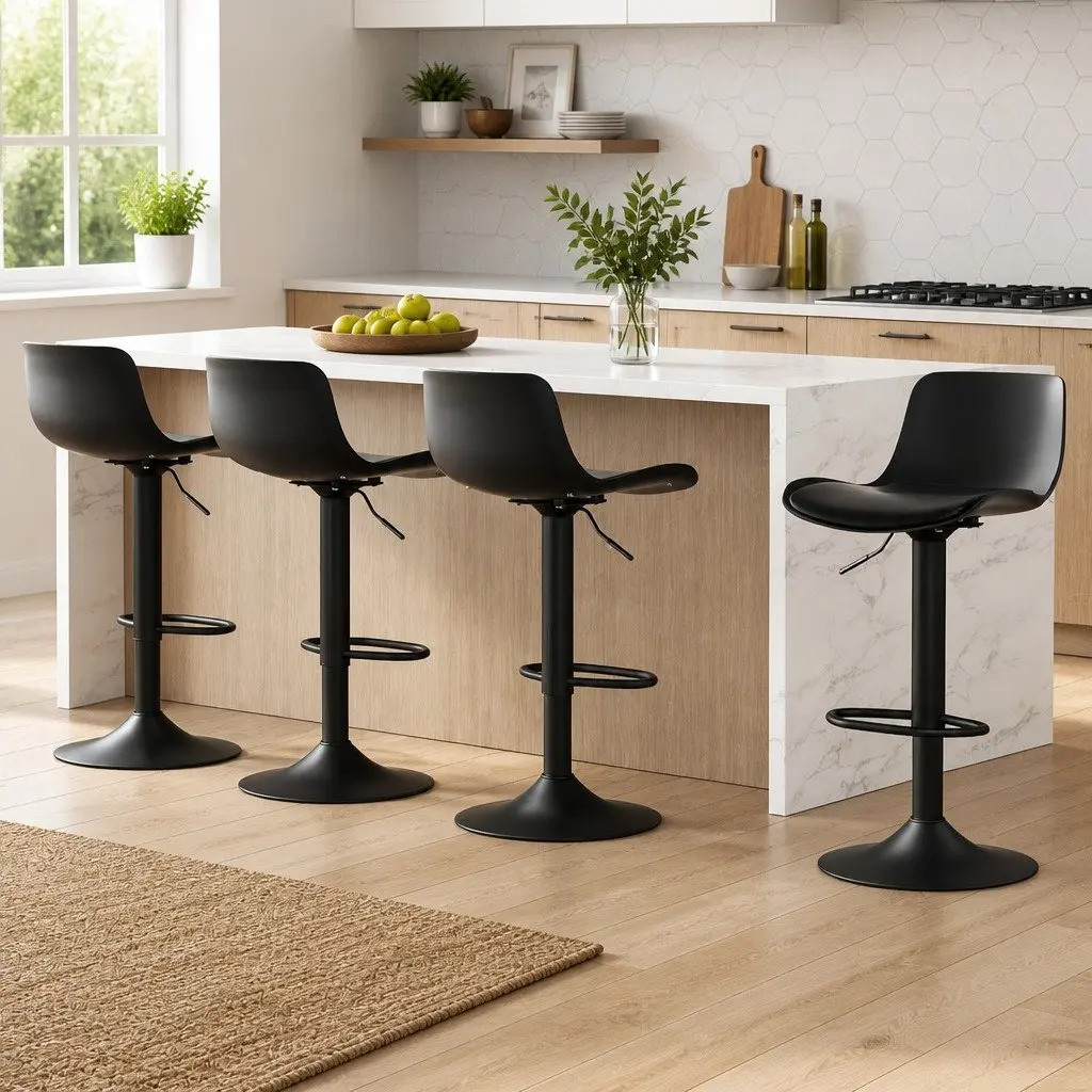 Black Bar Stools Gas Lift Swivel Padded Seat Set of 4 Adjustable Height Dining Chairs